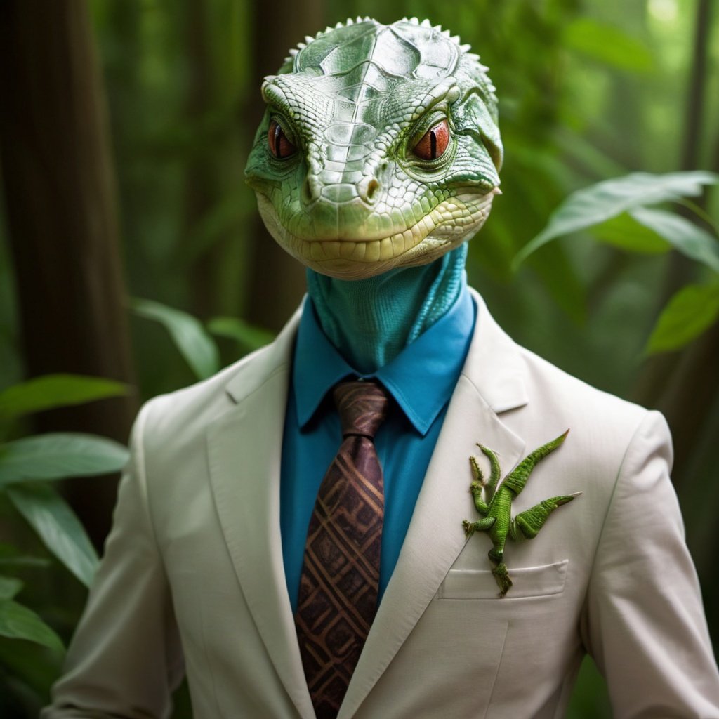 Portrait picture of Draka Scalesong: A Reptiloid in a smart looking suit